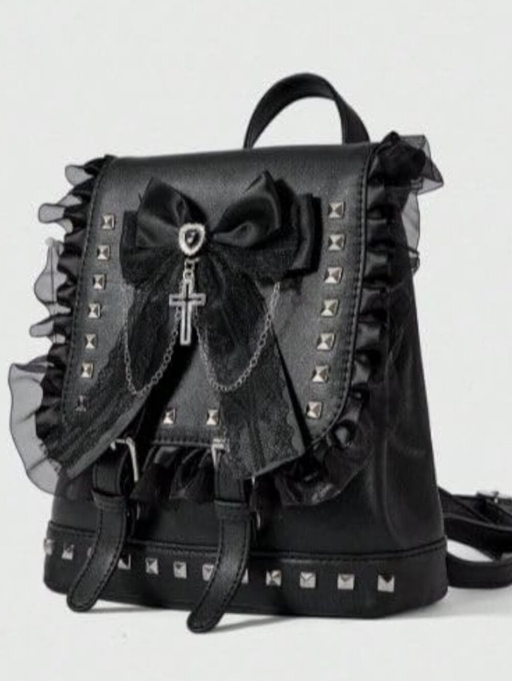 Studded Gothic Lolita Lace Bow with Cross Charm, Rivet Mini Backpack - NWOT